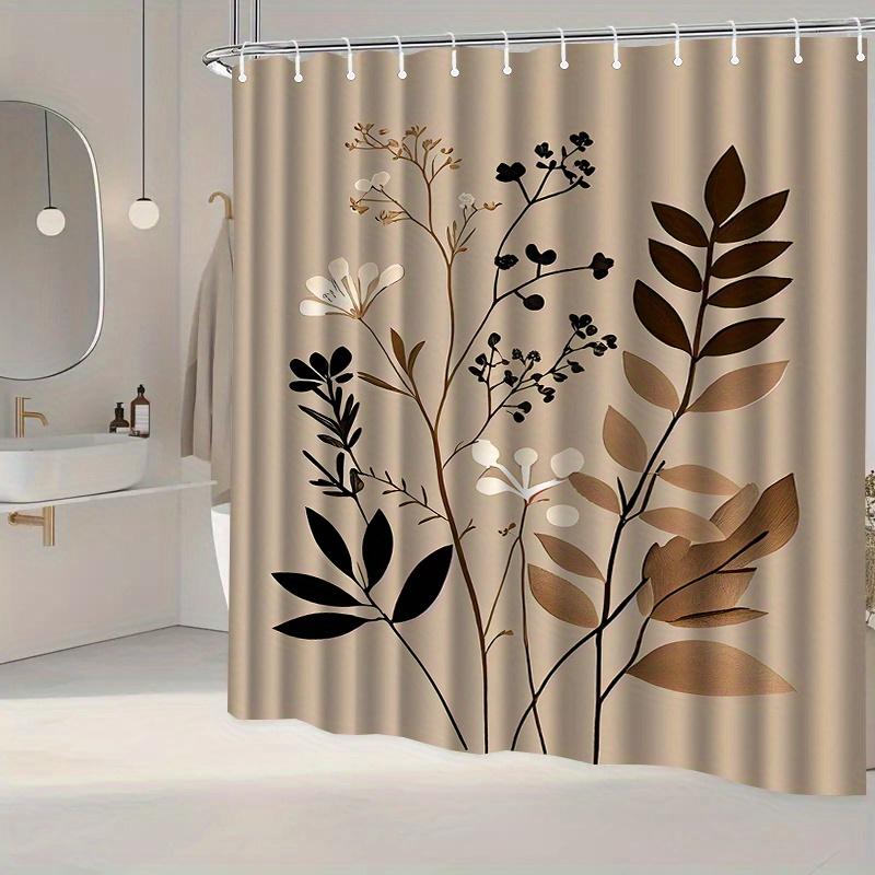 1Pc Brown Leaf Pattern Shower Curtain, Polyester Fabric, Machine Washable, With Hooks, Suitable For Bathroom Dcor.