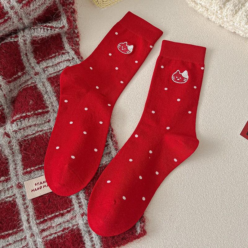 Red Socks Pure Cotton Tube Socks Cute Cat Polka Dot Striped Big Red Boneless Pile Socks Women one size fits all