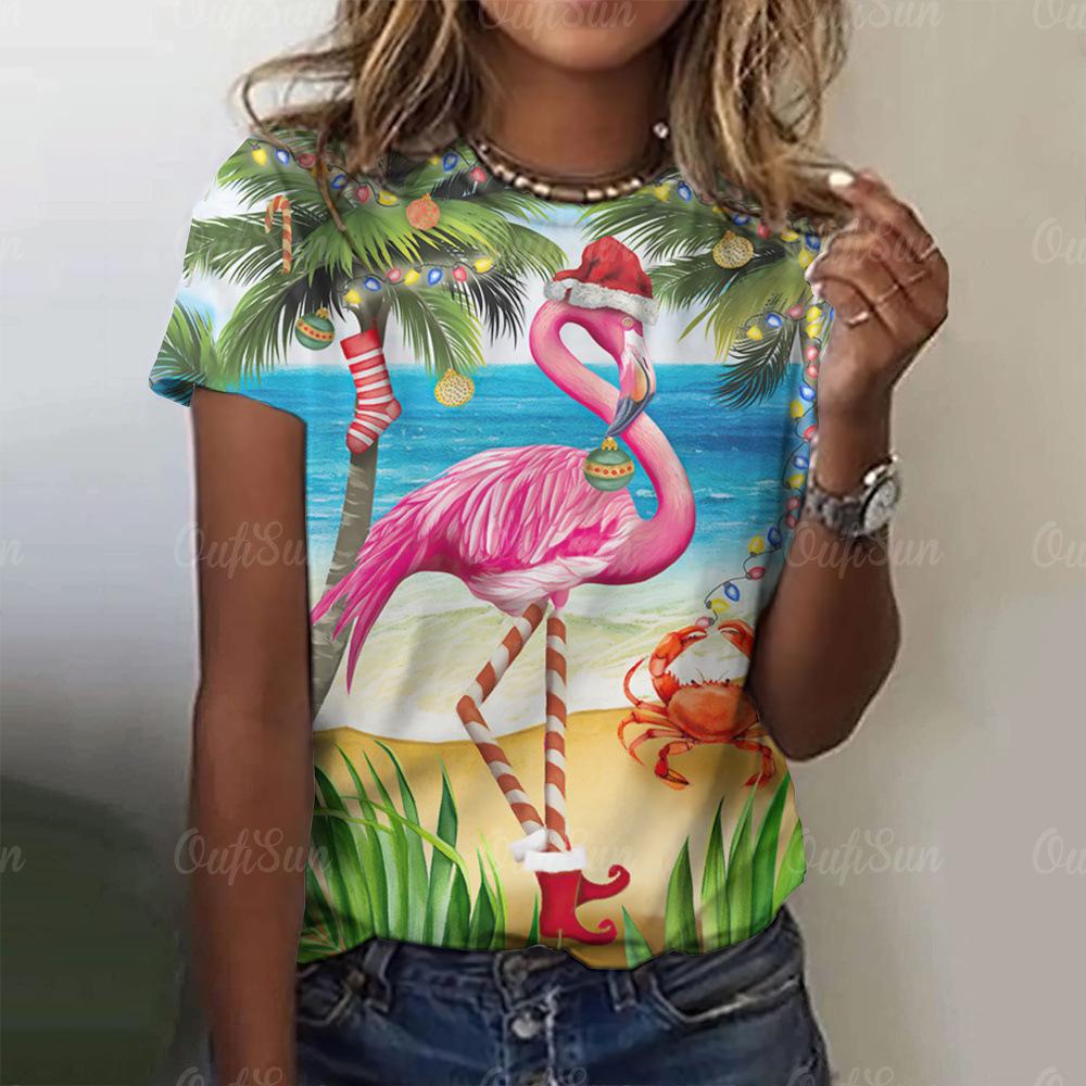 Women's Flamingo Print Round Neck T-shirt 3D Digital Print Elegant T-shirt Women's Top 3178 EMA