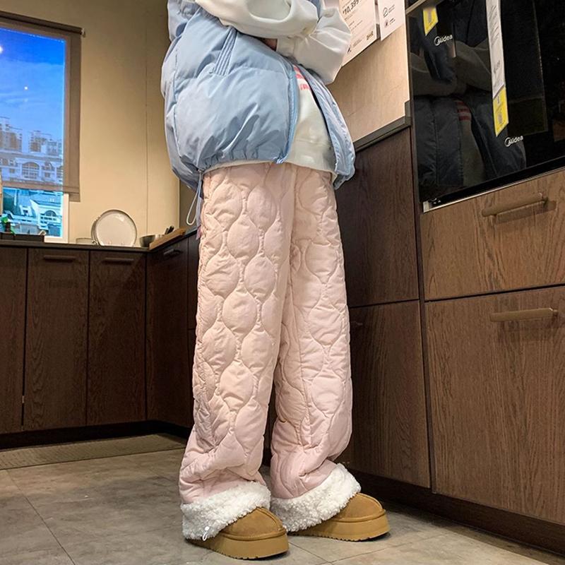Thicken Fleece Lined Pants Women Warm Casual Cold Resistant Cold Wide Leg Trousers