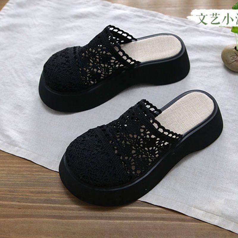 Fairy wind one pedal lazy shoes retro thick sole heightened mesh breathable cool slippers female new summer 2025
