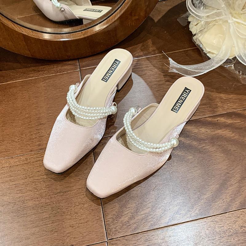 Baotou Cool Slippers Women's Fashion Outer Wear 2025 Summer New Thick Heel Medium Heel Half Slippers