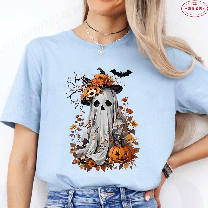 Halloween Boo with Pumpkin Print Womens TShirts Crew Neck TShirt Short Sleeve Casual Top for Spooky Season Womens Clothing