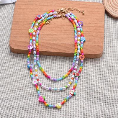 Fashion Color Resin Soft Pottery Imitation Pearl Multi-Layer Hip Hop Necklace Three-Piece Necklace Set