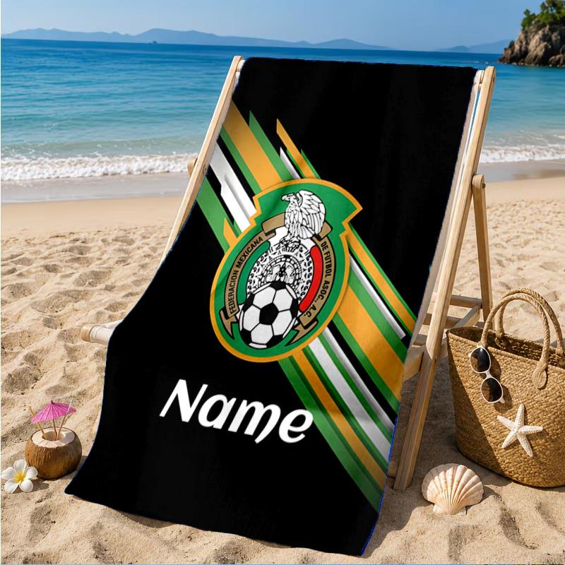 Custom Name Beach Towel Mexico Soccer Emblem Microfiber Beach Towel, Lightweight for Summer Travel, Swimming Pool Fan Birthday Gift