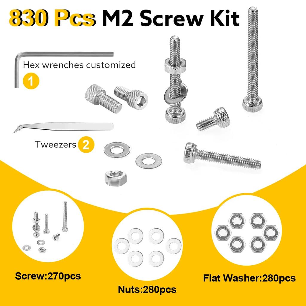 VKKM 830 Piece M2 Stainless Steel Screw Set, Including Nuts, Washers, and Tools, Multiple Specifications, Practical Preferred.