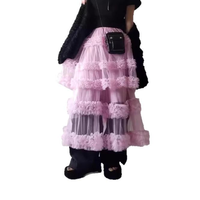 Japanese Style Spring/Summer Women's A-Line Midi Skirt with Anti-Exposure Hand-Stitched Three-Layer Net Yarn
