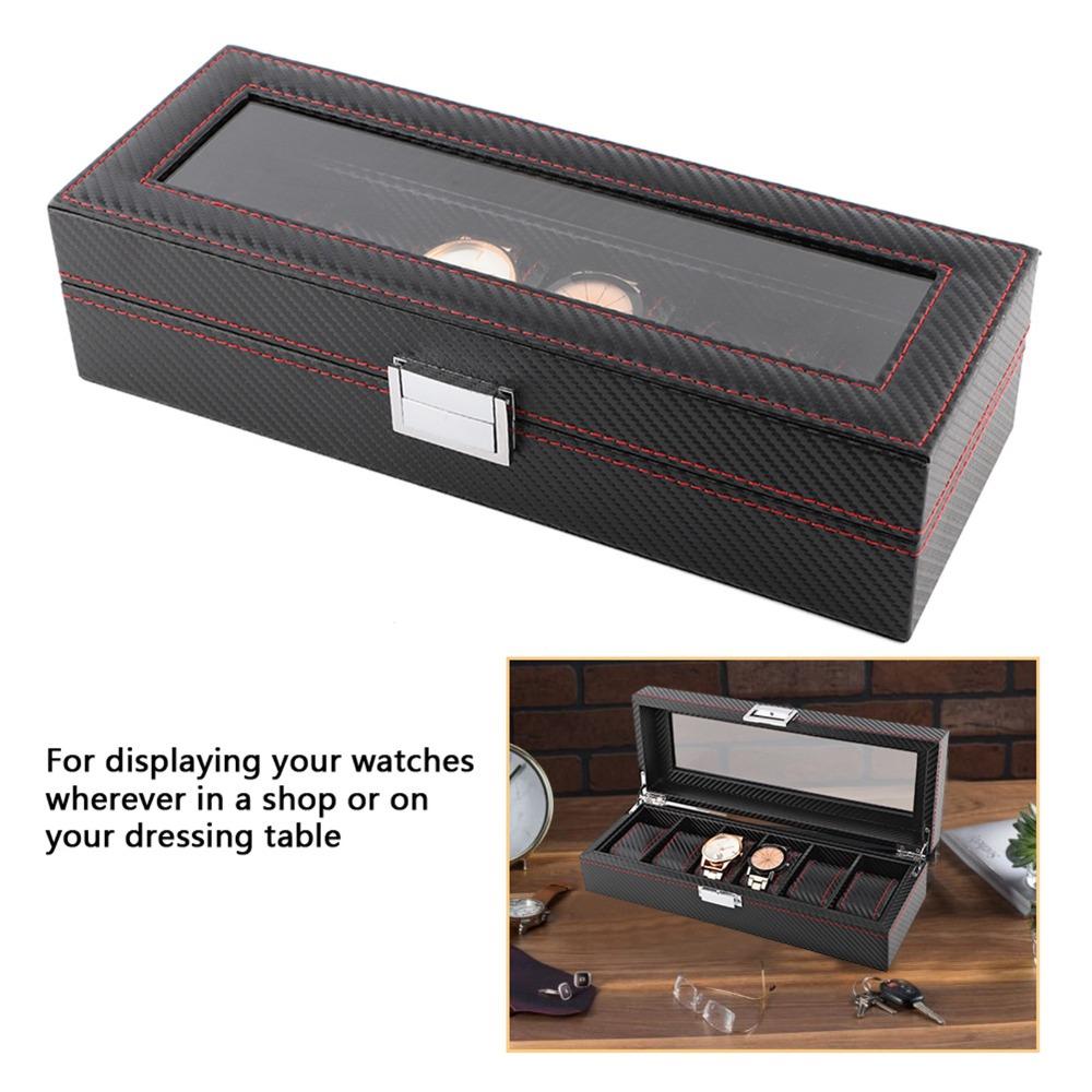 Sturdy Carbon Fiber Watch Box Transparent Window 6 Slots Watch Case Red Line Luxury Watch Display Watch Display