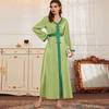 Women's Clothes Solid Color Fashion V Neck Hand Stitch Rhinestone Patchwork Ribbon Muslim Dress