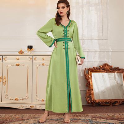 Women's Clothes Solid Color Fashion V Neck Hand Stitch Rhinestone Patchwork Ribbon Muslim Dress