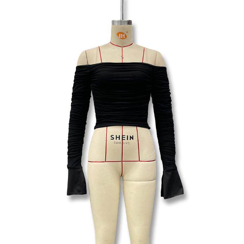 Amazon European and American Women's Clothing 2026 Spring New Arrivals Sexy Off-Shoulder Slim Mesh Bell-Sleeve Long-Sleeve T-Shirt for Women