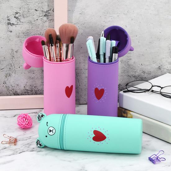 Trousse creioane silicon în formă de urs, Trousse creioane portabilă, Organizator drăguț pentru papetărie pentru pixuri, rigle, pensule de machiaj, Materiale școlare pentru elevi