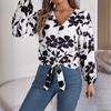 Ladies Autumn Winter Shirt Elegant Contrasting Flower Lantern Sleeve Lapel Blouses Fashion Casual Women's Top