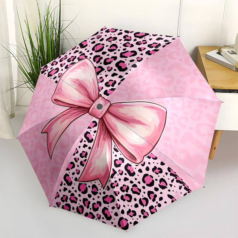 1pc Pink Leopard Print Bow Umbrella with Plastic Handle,Compact & Stylish,Cartoon Pattern,Outdoor UmbrellaPT316