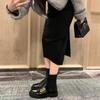 Cowhide Version~ Retro Letter Metal Buckle Round Head Cigarette Boots Versatile Chelsea Boots Women's Thick-soled Women's Boots