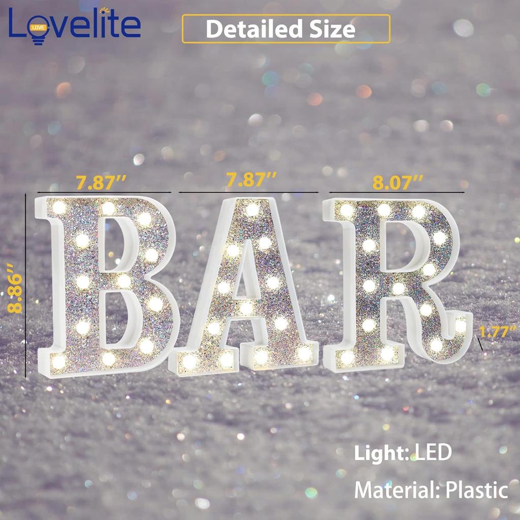 Light Up Bar Sign, Glitter Marquee Bar Letter Signs for Home Decor, Illuminated Bar Letter Lights Battery Powered for Bar Accessories Bistro Party