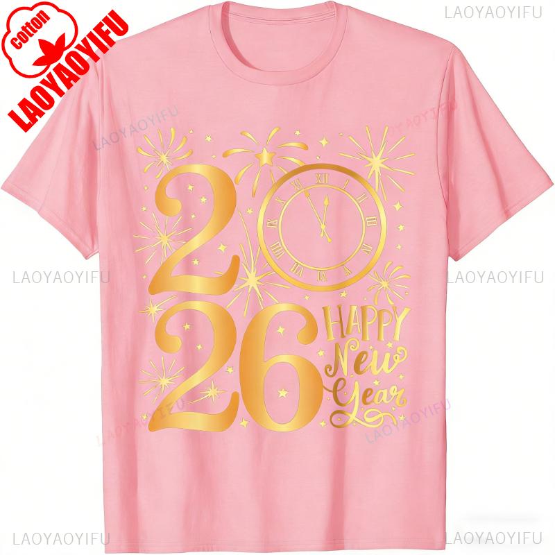 Happy New Year Party 2026 Family Matching Unisex Printed TShirt Tops High Quality Cotton Crewneck Casual Style Shortsleev