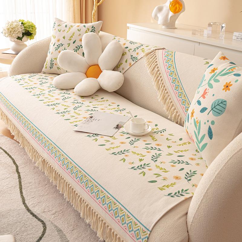 Cotton And Linen Sofa Cushion, Universal Non-Slip Seat Cushion For All Seasons, Old Coarse Cloth, Ethnic Style Fringed Sofa Cover Cover Cloth