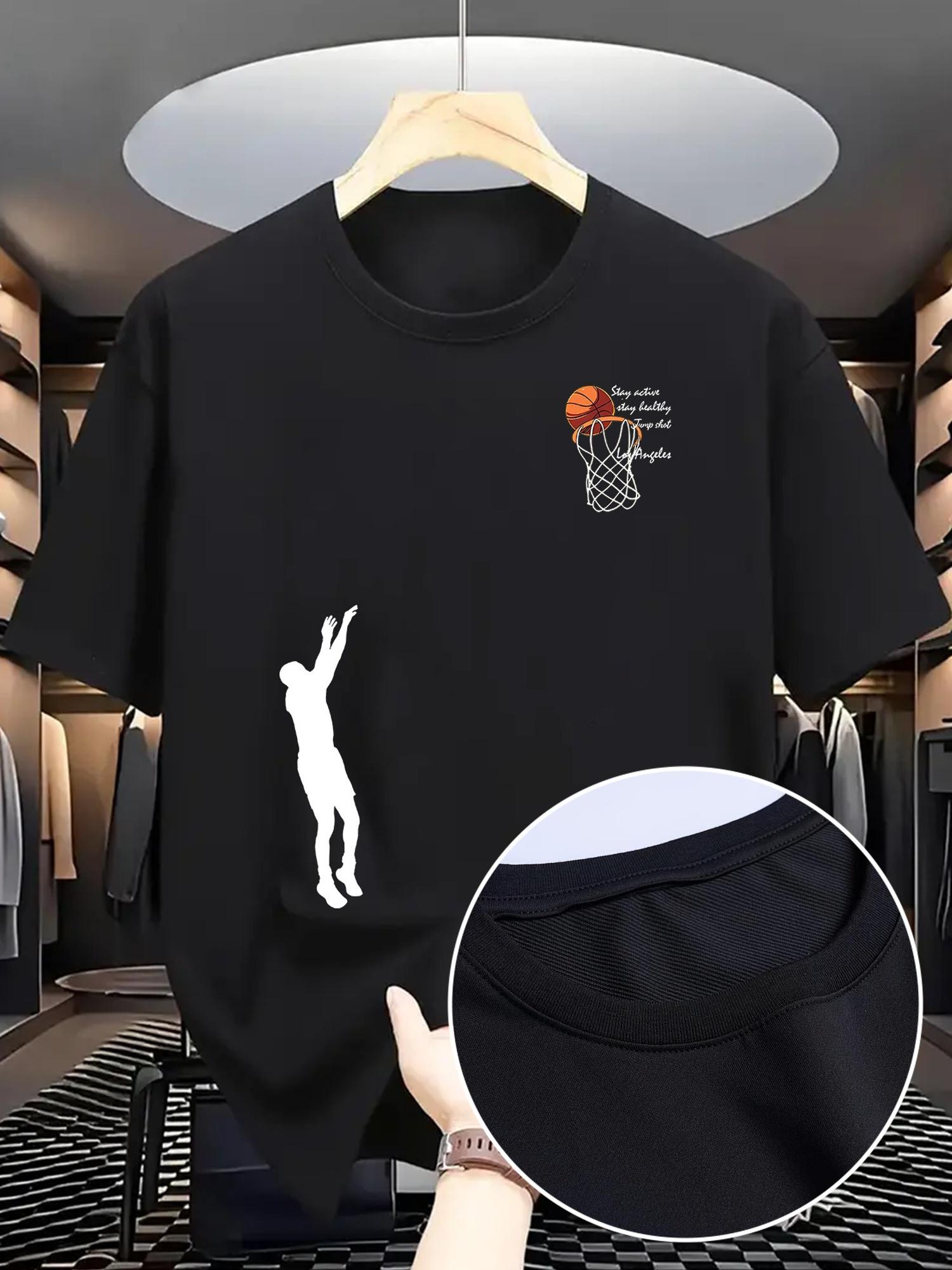 Casual Crew Neck T-shirt with Basketball Player Silhouette & Beluga Print - Lightweight Polyester L