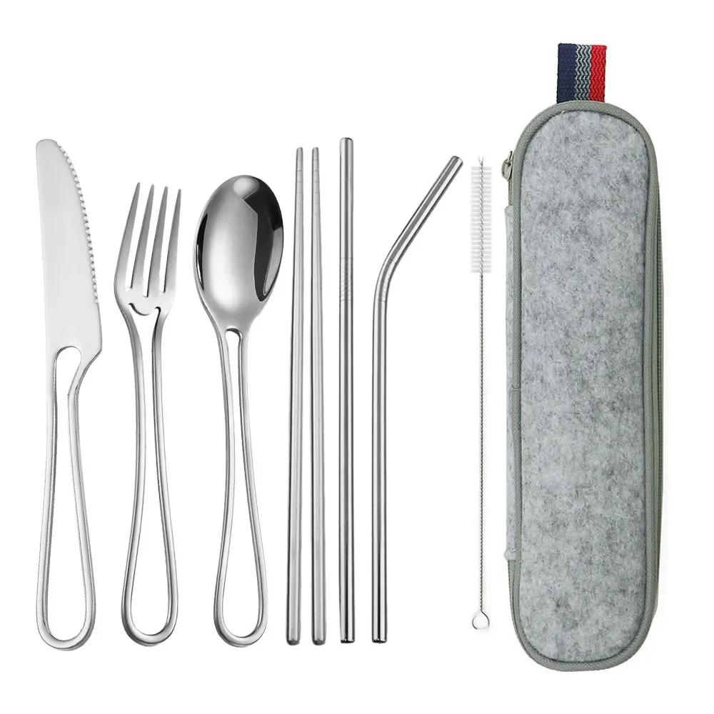 

8Pcs Tableware Reusable Travel Cutlery Set Camp Utensils Set with Stainless Steel Spoon Fork Chopsticks Straw Portable Case