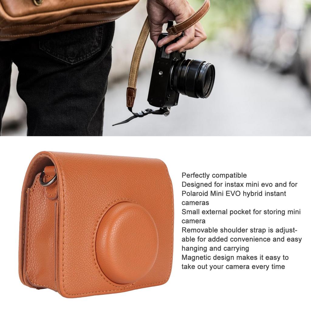 PU Leather Camera Case for Mini for Polaroid Mini EVO Hybrid for Instant Film Detachable with Shoulder Strap EVO, Camera, Design, (BROWN)