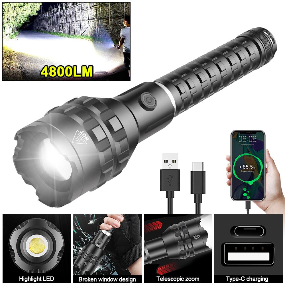 Brightest XHP160 White Flashlight Portable Zoomable Torch USB Rechargeable Powerful Waterproof Lantern Use 18650/26650 Battery