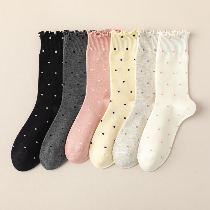 5/10 Pairs Ear Shaped Hem Socks for Women Spring Autumn Polka Dot Girl Instagram Style Cute Polka Dot Sweat Absorbing Mid Calf Socks and Pile Socks