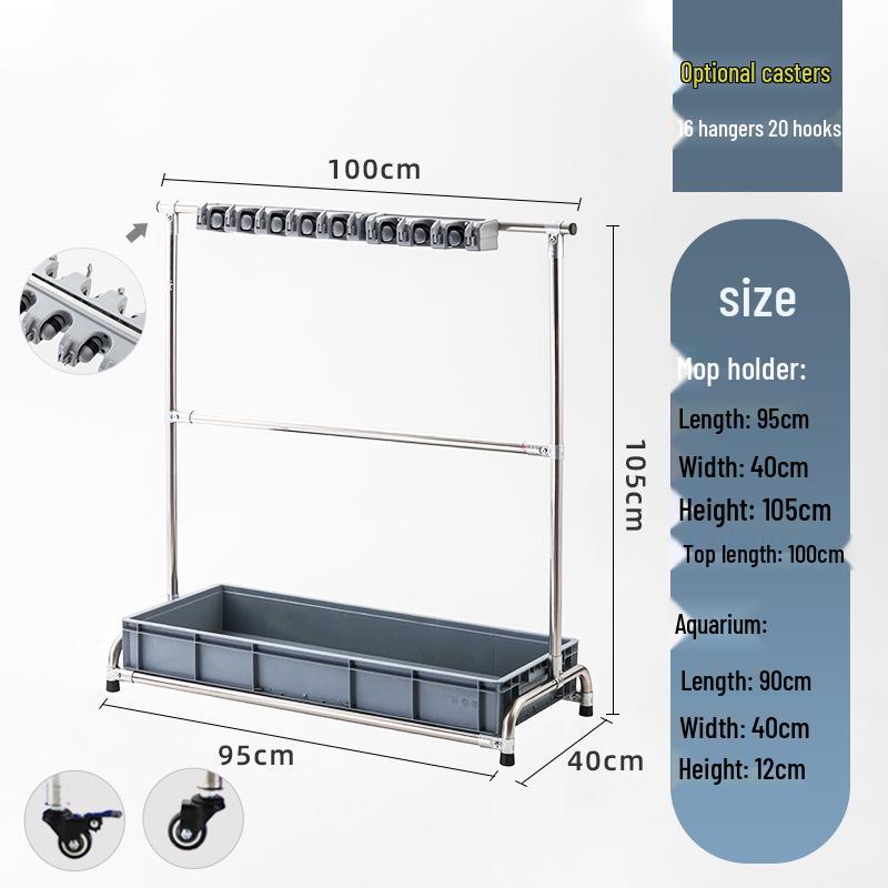 Stainless Steel Floor-Standing Mop Rack with Draining Shelf and Free Shipping