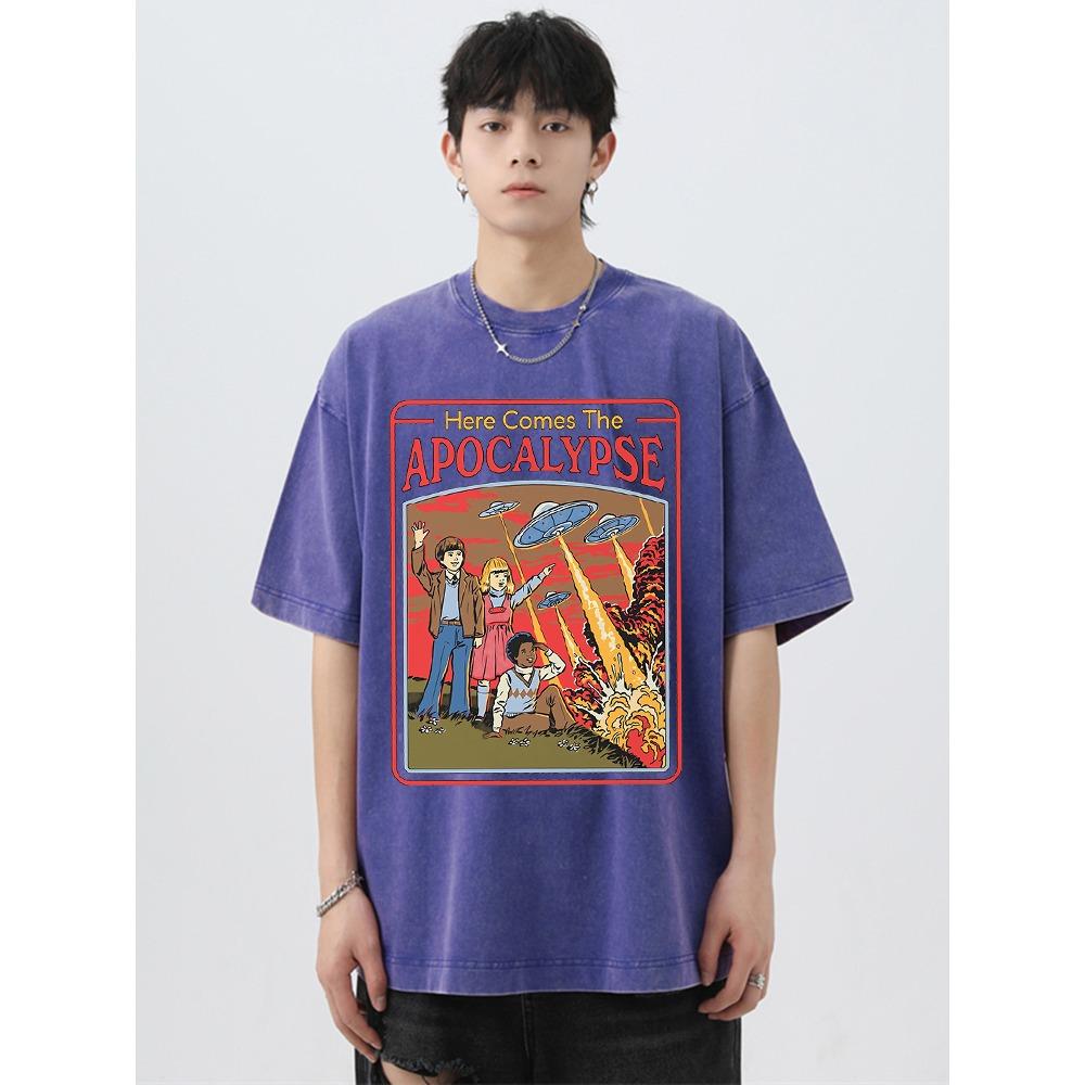 

Ось і Апокаліпсис Футболка в стилі ретро, випрана з ефектом UFO, Чоловіча мода, Бавовняний одяг, Футболки оверсайз, Вуличний кежуал, Топи S