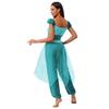 Womens Arab Princess Costume Contrast Color Gem Decor Sequined Tulle Overlay Sleeveless Jumpsuit Belly Dance Romper