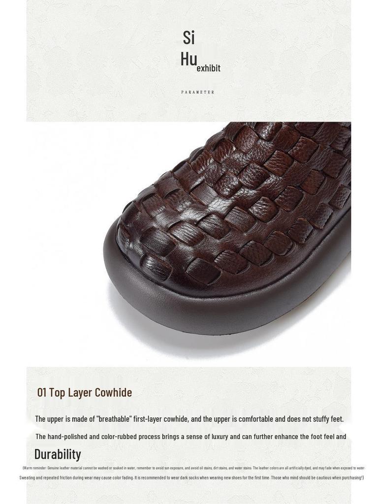 Women's Retro Handmade Genuine Leather Platform Ankle Boots - 2025 Design, Knitted Thick Sole, First Layer Cowhide Cotton Boots