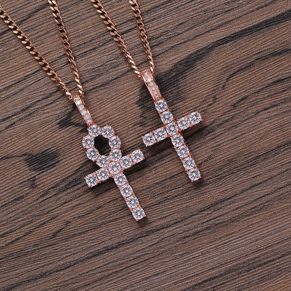 Copper European American Hip Hop Zirconia Ankh Cross Men's Necklace