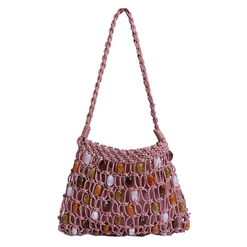2026 New Summer Boho Handmade Macrame Woven Bag for Women Hollow Out Colorful Beaded Shoulder Bag for Beach Vacation Daily Use