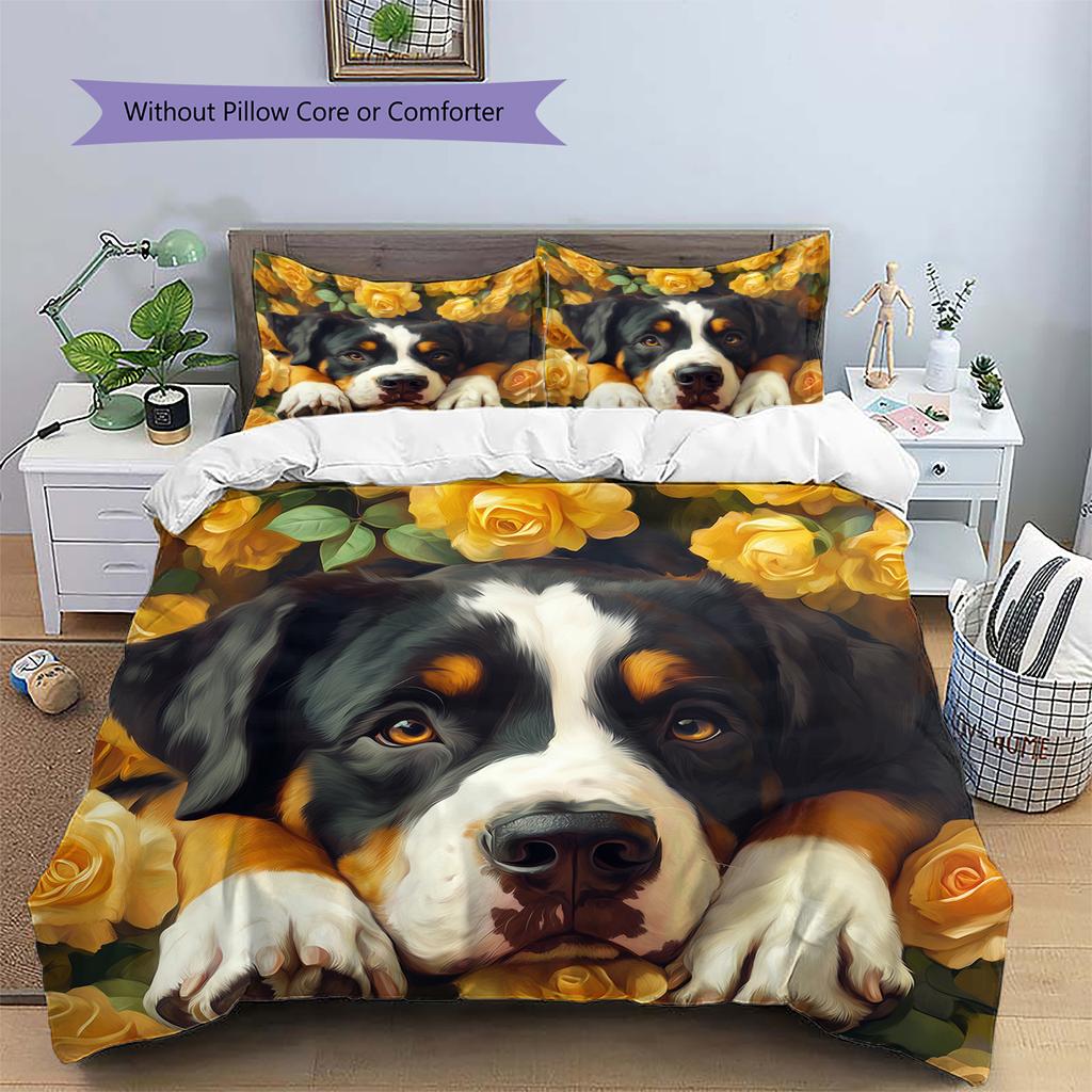 Bernese Mountain Dog and Rose Pattern Bedding Home Decoration Birthday Gift (1 * duvet cover + 2 * pillowcase, without core)