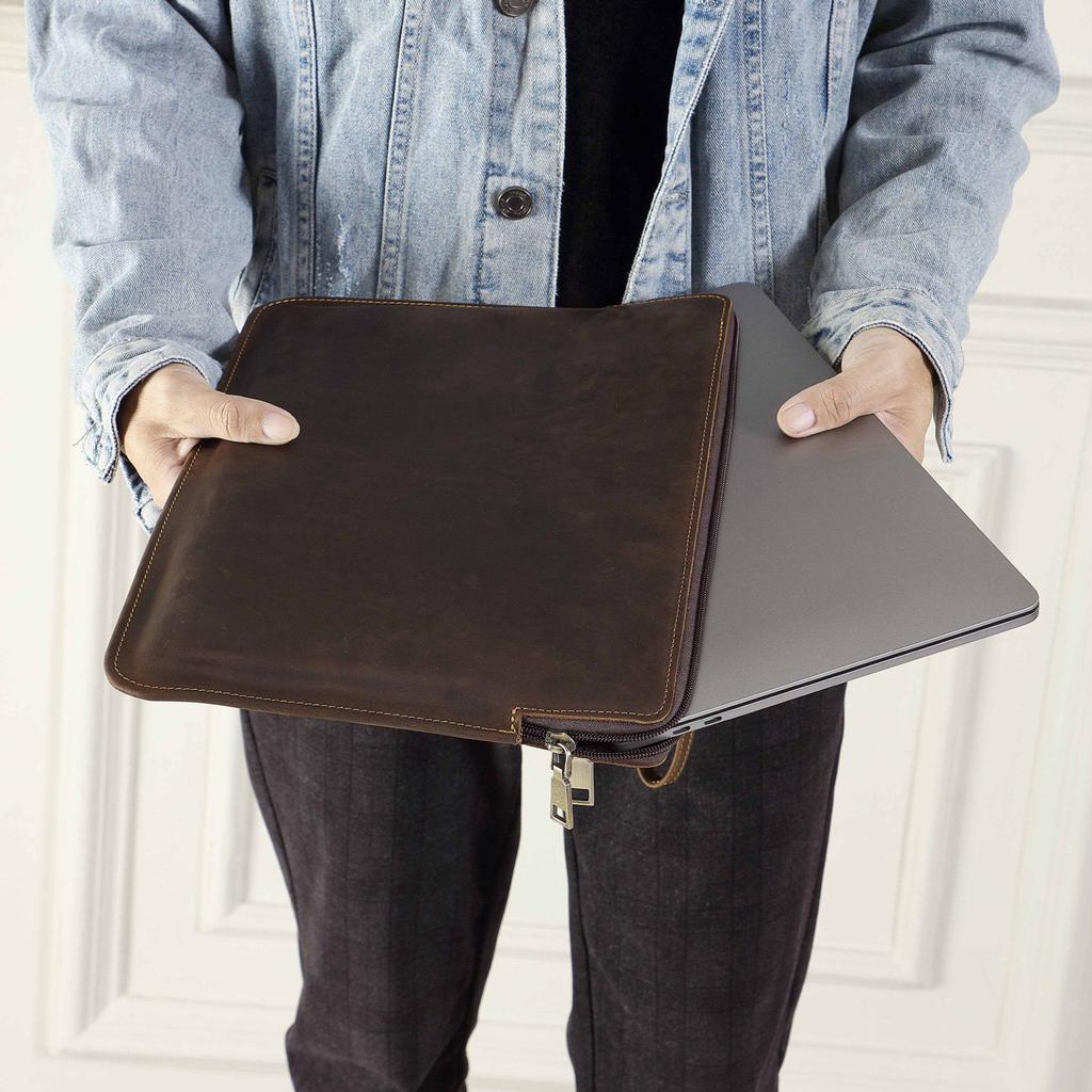 Compatible with New MacBook Pro 14, Genuine Leather Protective Case and Cowhide Inner Sleeve.