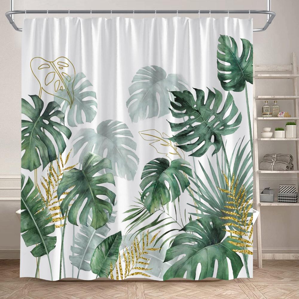 Tropische Blätter Duschvorhang Grün Palmenblatt Monstera Pflanze Badvorhänge Set Polyestergewebe Heim Badezimmerdekor Mit Haken