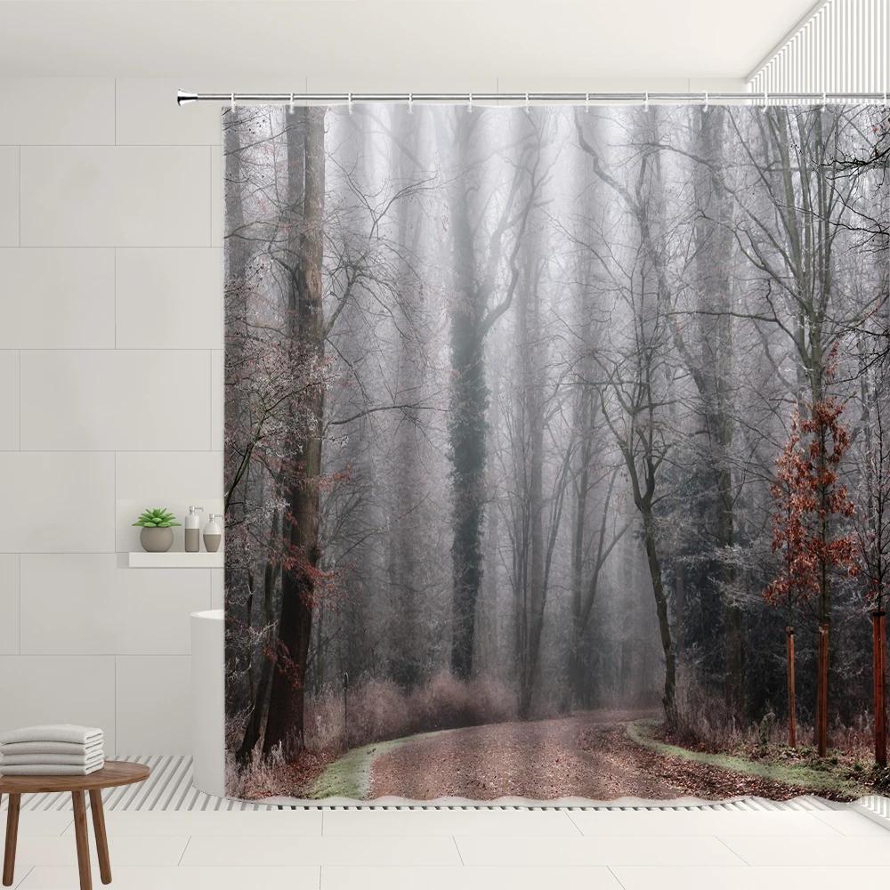 Autumn Mist Forest Scenery Shower Curtains Set Garden Plant Fallen Leaves Birds Home Bathroom Bathtub Decor Screens With Hooks