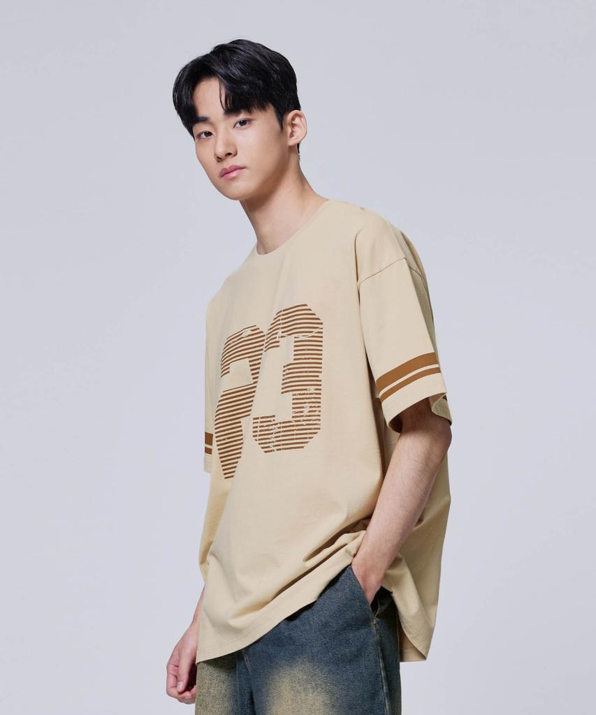 AGOD Oversized Vintage Rugby Short Sleeve T-Shirt [Light Beige]