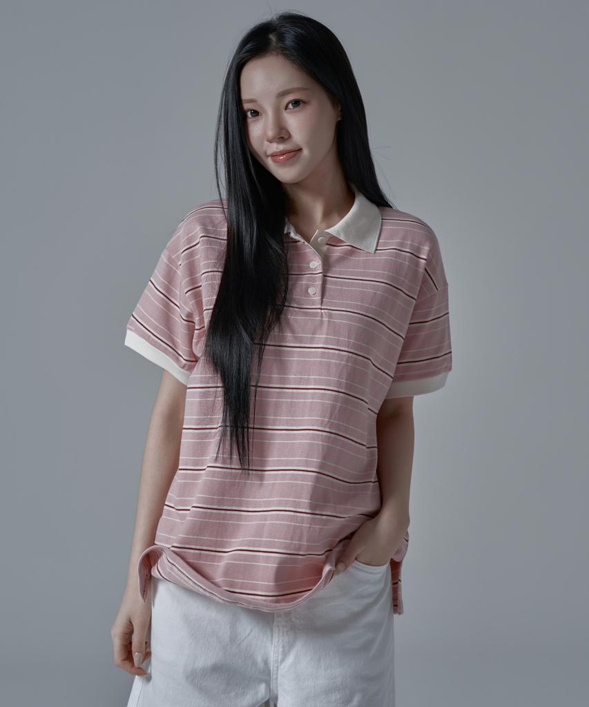 WAARFORWOMAN Wt-61 Rugby Half Collar Short Sleeve T-Shirt_Pink