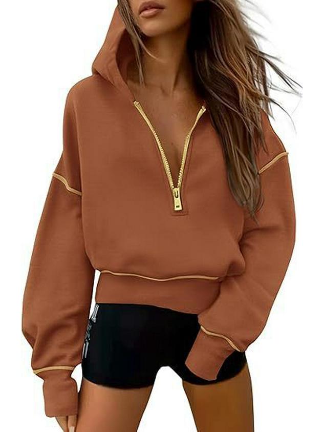 Women's Cropped Hooded Sweatshirt - Long Sleeve Half Zip Hoodie, Winter Fashion