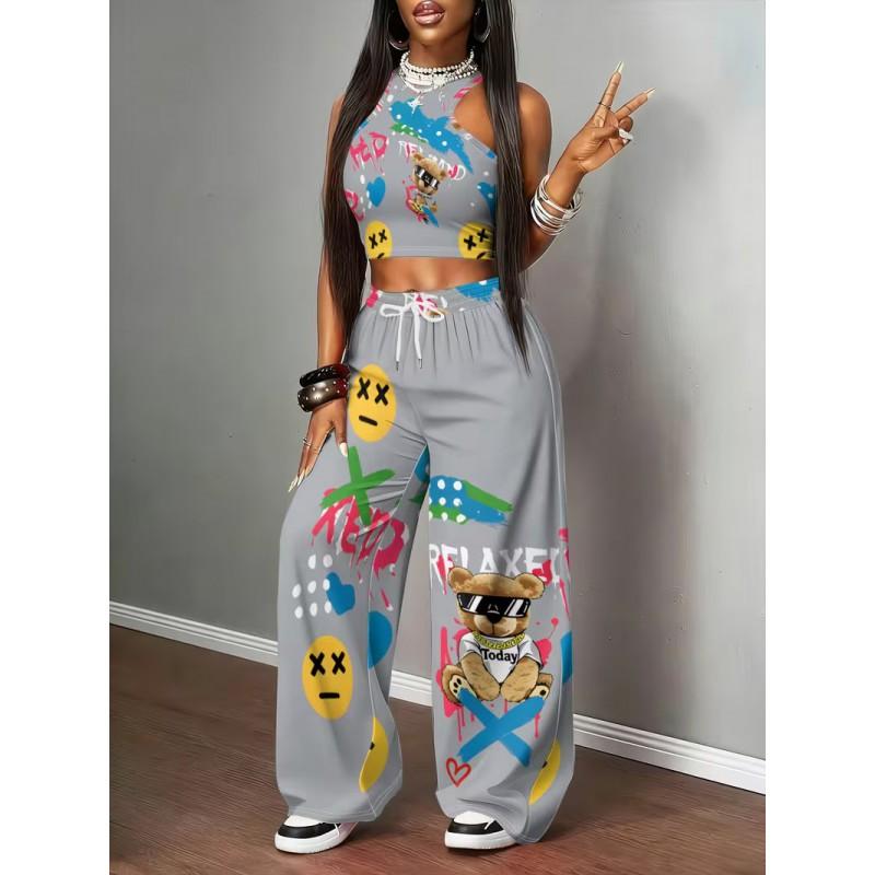 Y2K Streetwear Set Damen - Bedrucktes Crop Top Shorts Passendes Outfit Lässig 3D Grafik Sportliches Ensemble