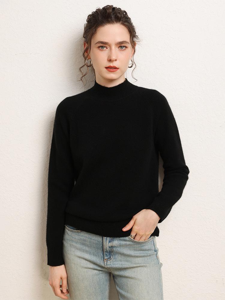 Women's Versatile Cashmere Sweater: Plain Color, Autumn/Winter, Half-High Neck, Raglan Sleeves, Double Ply, Thickened Base Layer.