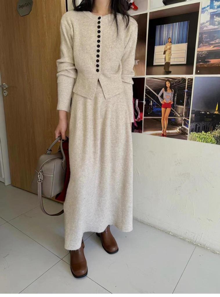 Autumn/Winter Women's Knitted Sweater Cardigan & Half-Skirt Set - Flattering for Pear Shapes