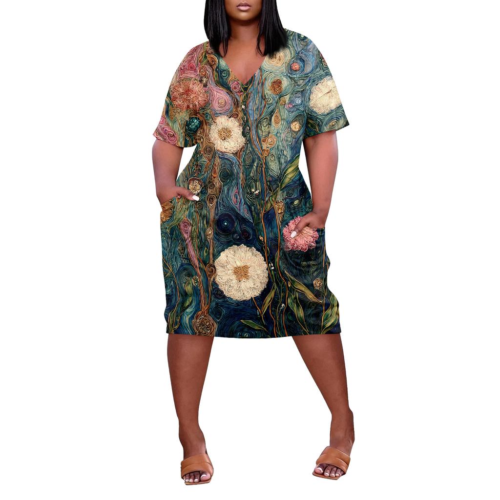 Letní nadměrné velikosti V výstřih krátký rukáv ke kolenům kapsa potisk ležérní šaty pro ženy