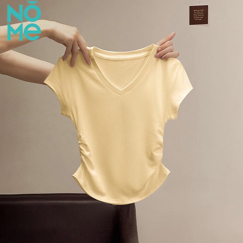 NOMe Women s Ribbed V-Neck Short Sleeve T-Shirt with Side Pleats S
