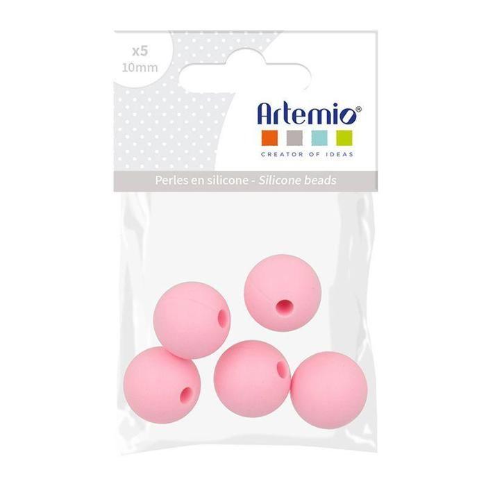 Lot de perles rondes en silicone - 10 mm - Rose - 5 pcs