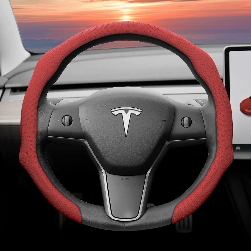 Geeignet für Tesla Perforierte Lederlenkradabdeckung, Rutschfest, Schweißabsorbierend, Atmungsaktiv, Integrierte Snap-On Schutzhülle für Modell 3 Y S