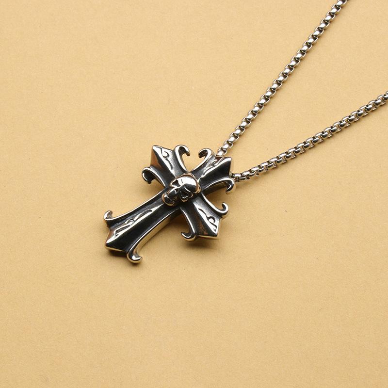 Titanium Steel Gothic Retro Cross Ghost Head Men's Pendant Necklace Fashion Punk Jewelry