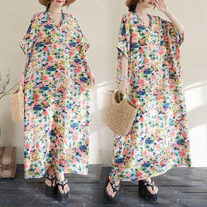Women's Summer Floral Neck Boho Maxi Dress Breathable Cotton-Linen Vacation Dress for Travel