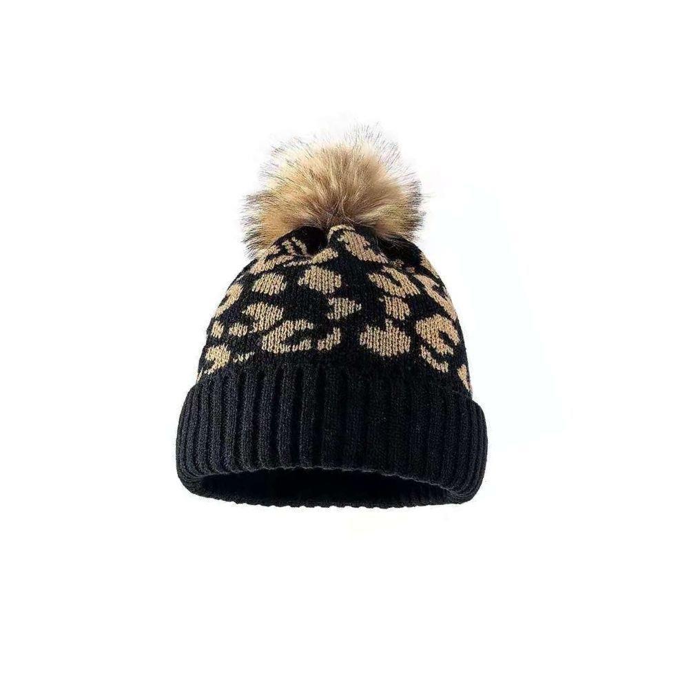 Hat women's new autumn and winter versatile Korean version leopard print hairball wool hat fashionable warm crimping knitted pullover hat tide